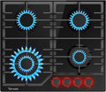 4-flammiges Gaskochfeld 60cm Einbau, Glasdesign mit beleuchteten Drehknöpfen, NG/LPG umstellbar, Thermoschutz, 8000W
